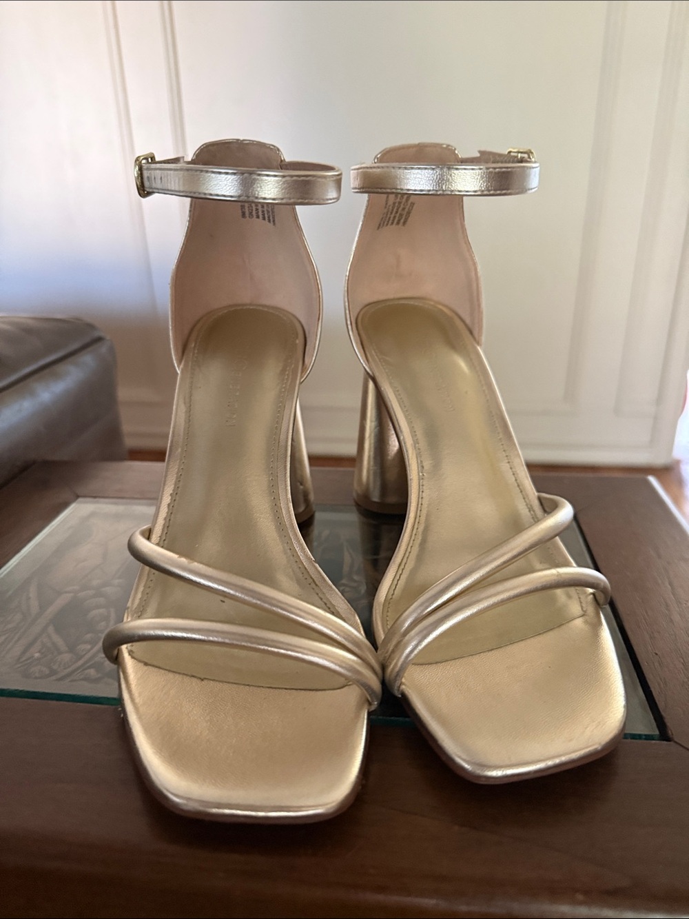 BCBG Gold Metallic Ankle-Strap Block Heel Sandals - Women